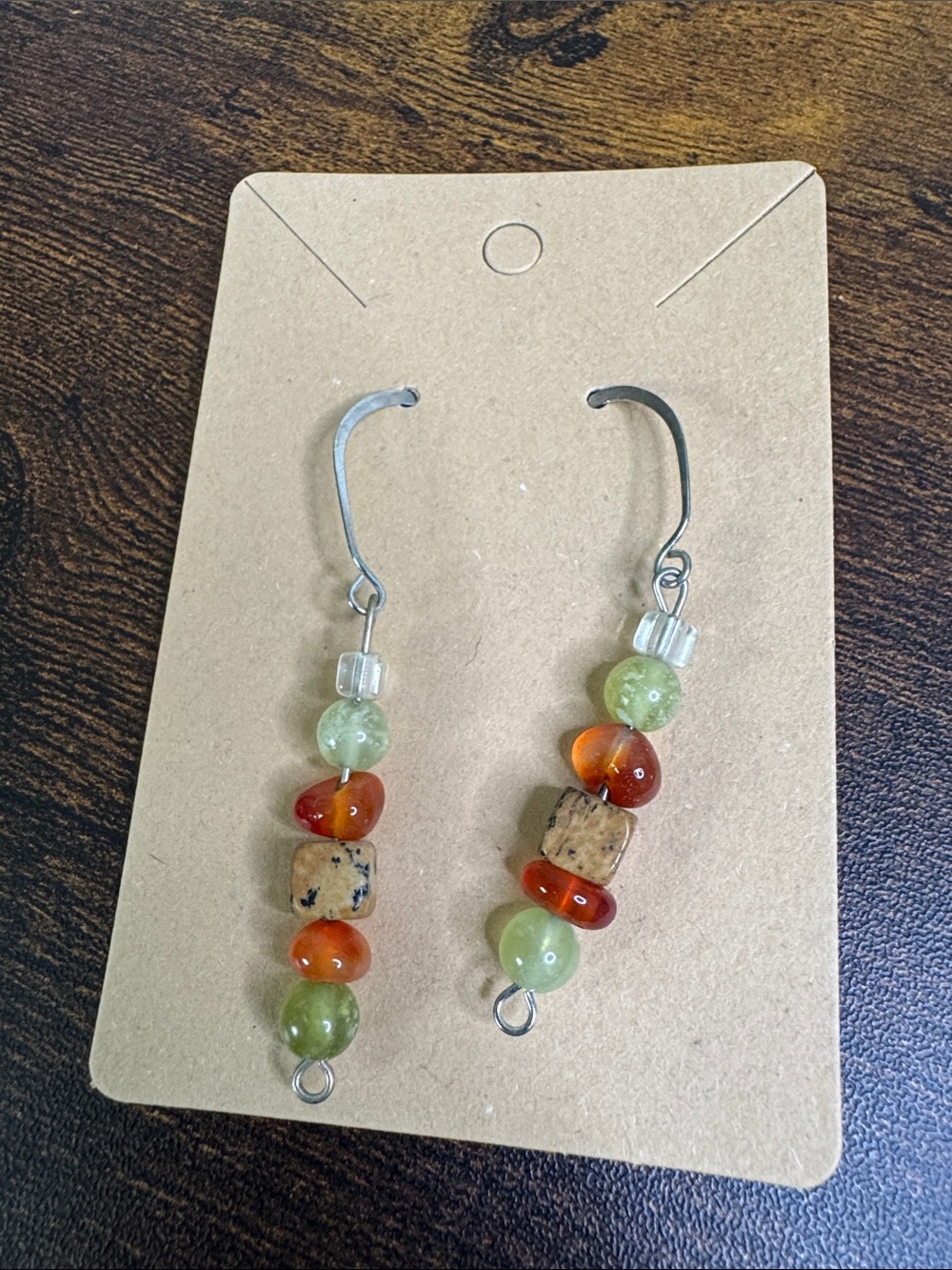 Green Quartz, Jasper and Carnelian Beaded Dangle Earrings